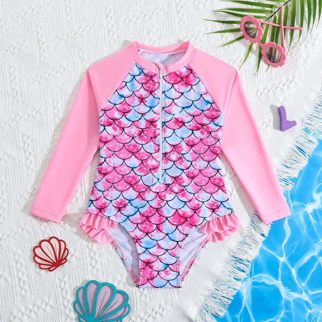 Toddler Girl Rash Guard Swimwear Flower Graphic Printed Long Sleeve Sun Protection Girls Bathing Suits Size 3-4 Years
