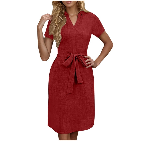 Admvng Summer Dresses for Women 2025 Fashion Casual V-neck Solid Color Short-sleeved Bow Belt Dress S-2XL