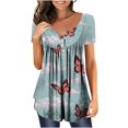 thumbnail image 1 of SMihono Hauts pour Femmes Été Décontracté Chic T-shirt Imprimé Col Rond Boutonné Plissé Manches Courtes Oversize pour Femmes, 1 of 4
