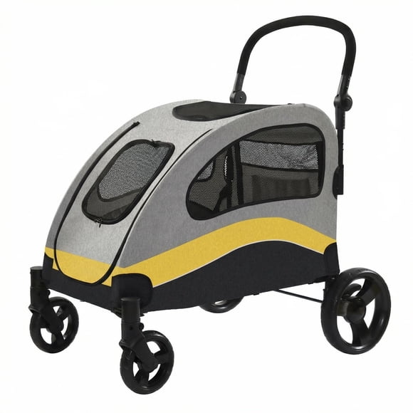 Dog Stroller Extra Large - Steel Frame Foldable Pet Carrier with Wheels & Brakes, Shock Absorption for Medium/Large Dogs, Yellow