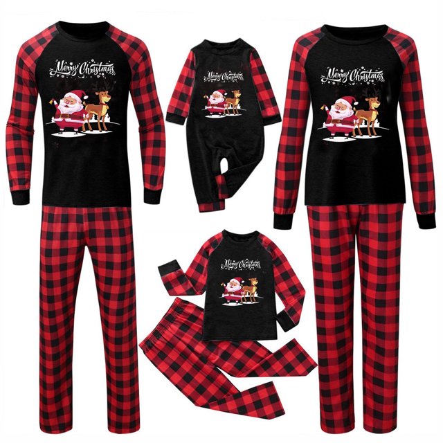 Penkiiy Pyjamas de Noël Assortis pour Famille Tenue Parent-Enfant Costumes de Noël Patchwork à Carreaux Vêtements de Maison Col Rond Manches Longues Pyjamas Deux Pièces Pyjamas de Noël Rouges