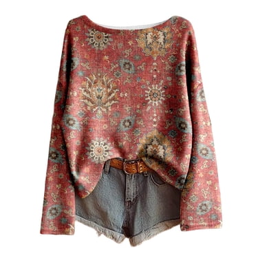 Aocisk Women's Long Sleeve T Shirt Loose Fit Printed T-Shirts Soft Brushed Comfortable Casual Tee Retro Style for Everyday Wear Red M