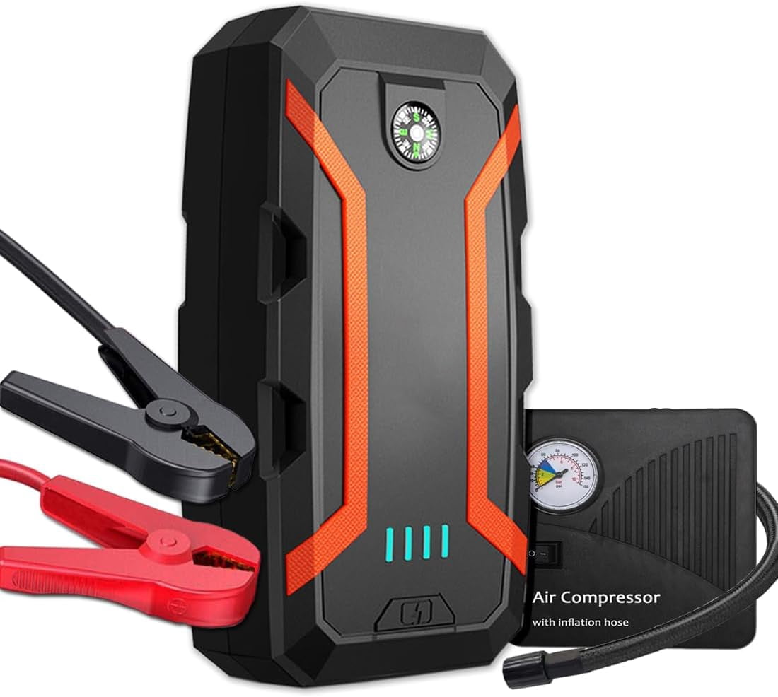 PINHEN Jump Starter Portable with Air Compressor for 8.0L Gas/5.0L Diesel, 12V/1500A Auto Jump Box Car Battery Charger + 150PSI Air Inflator Pack, USB Quick Charge Type-C & LED Light & Compass