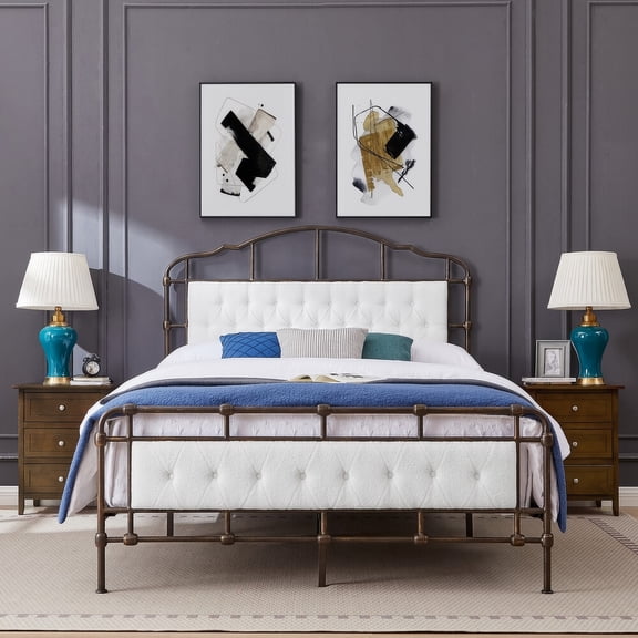TOYTEXX King Size Metal Bed Frame with Tufted White Boucle Headboard, Wooden Slats, No Box Spring Needed