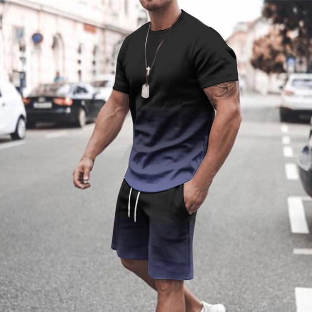 NTACZA Shorts Set Men's Shirt Short Sleeve Athletic Tracksuits Crew Neck Big And Tall Gradient Sweatsuits M
