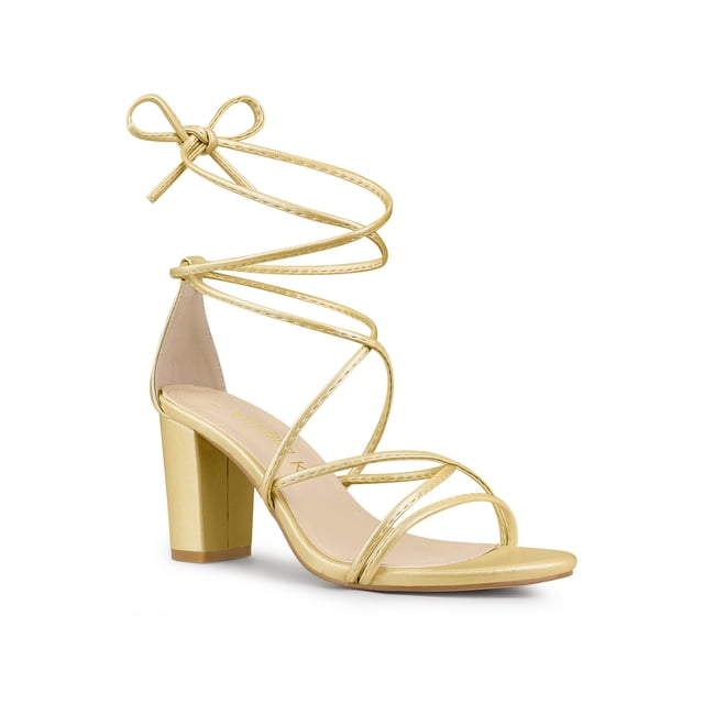 BLISSFUL STEP Women's Shoes Open Toe Lace Up Block Heel Strappy Heels Gold 11
