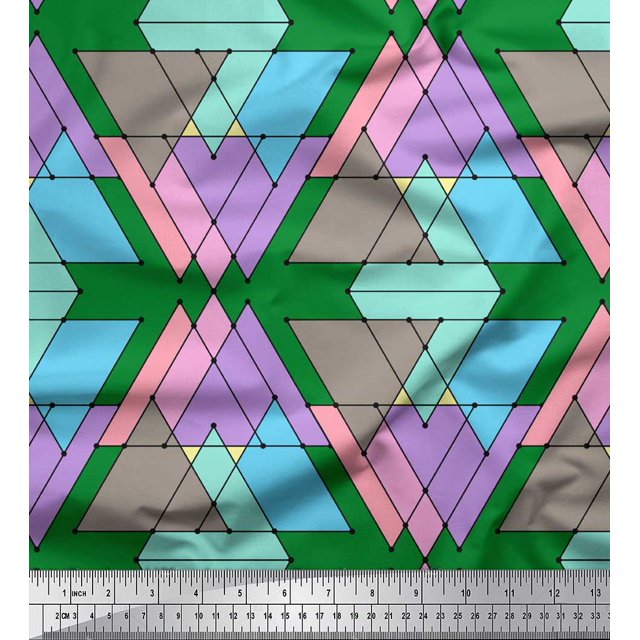 Soimoi Green Rayon Fabric Triangle Geometric Print Fabric by Yard 56 Inch Wide
