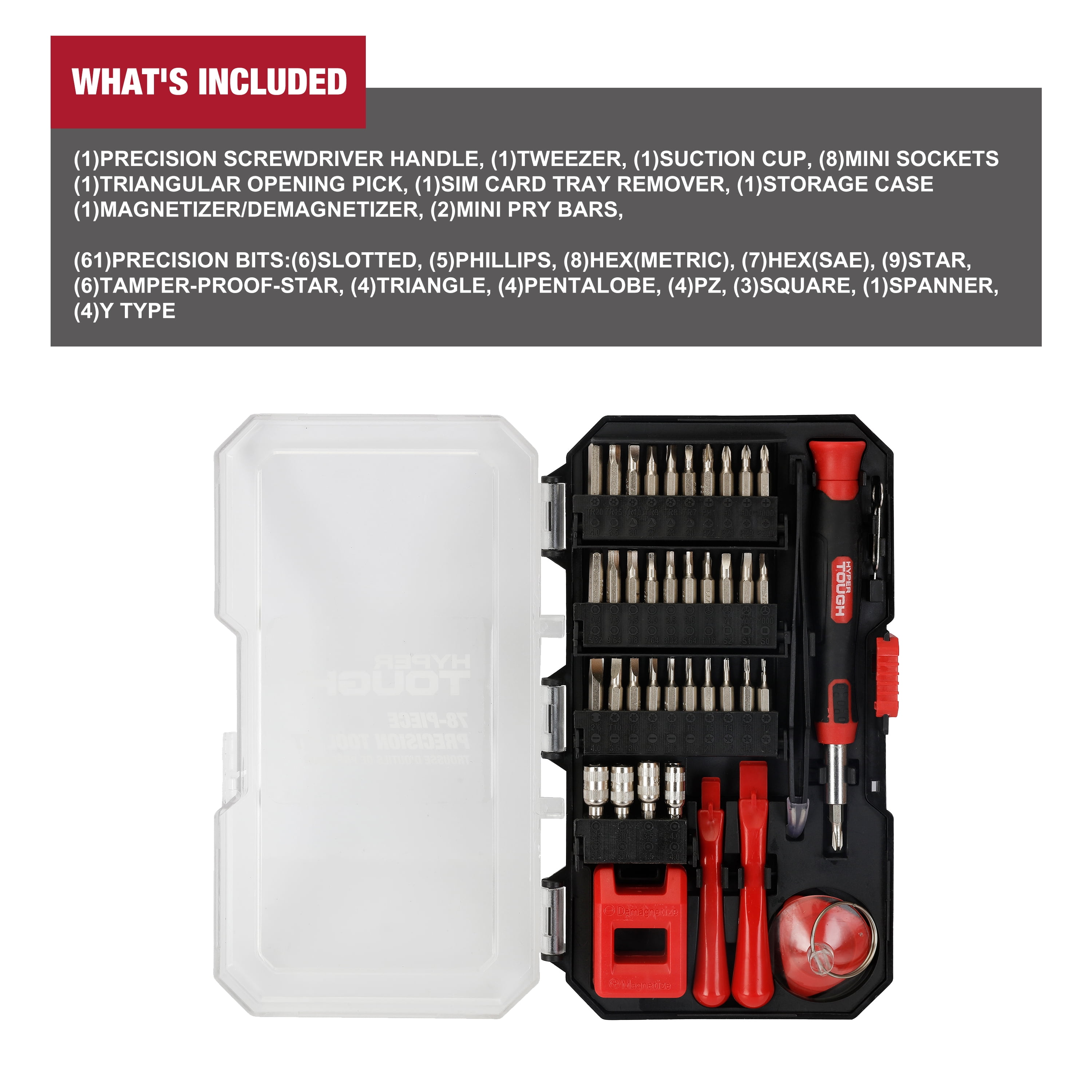 Hyper Tough 78-Piece Precision Tool Kit with Magnetic Screwdriver, Standard Size Bits,CR-V Steel Bits