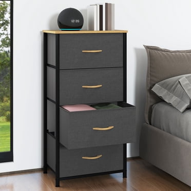 DEXTRUS Commode en Tissu à 4 Tiroirs pour Chambre, Commode avec Bacs en Tissu Amovibles, Dessus Gris Foncé-Brun