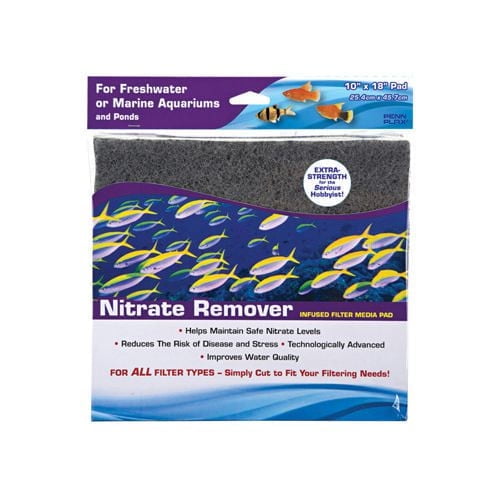 Penn-Plax Penn Plax Cut to Fit Nitrate Remover Pad, a 10-inch by 18-inch dark gray infused filter media pad for freshwater and marine aquariums and ponds, helps maintain safe nitrate levels, reduces disease and stress risk, and improves water quality, designed to be cut to fit all filter types.