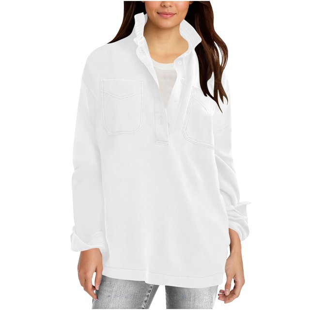 Chandails à Enfiler pour Femmes Automne Hiver, Blouses, Coupe Décontractée, Chemises à Manches Longues, Hauts, Col Montant à Quart de Bouton, Hauts, Tenues de Printemps 2025, Chandail à Enfiler, Vêtements de Printemps Automne