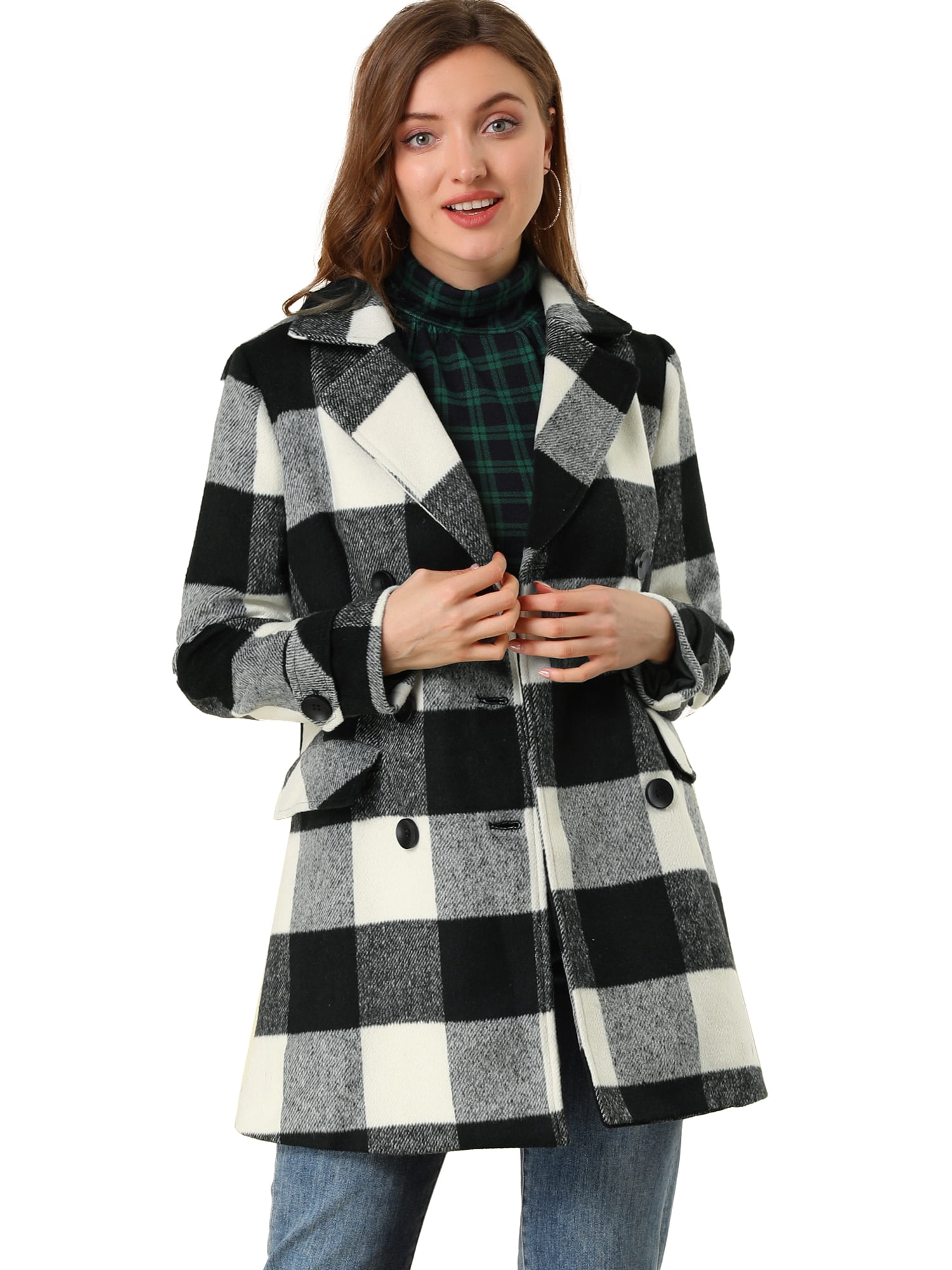 INSPIRE CHIC Manteau à Carreaux à Double Boutonnage avec Col Cranté pour Femmes