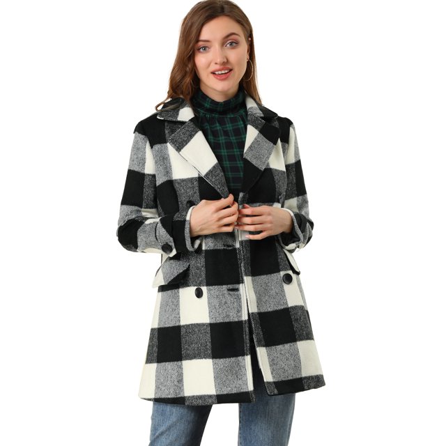 INSPIRE CHIC Women's Notched Lapel Double Breasted Plaids Overcoat