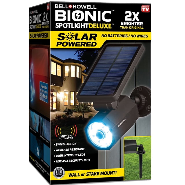 Bionic Spotlight Deluxe LED Solar Lights by Bell + Howell, a solar-powered, motion-activated outdoor LED security light. Features eight high-intensity LEDs emitting 500 lumens, covering up to 600 square feet. Includes an integrated solar panel for daytime charging, motion detection up to 25 feet, and automatic shut-off after 30 seconds of inactivity. Adjustable light head and weather-resistant design suitable for driveways, patios, gardens, and entryways. Packaged with mounting hardware and stakes for flexible installation.