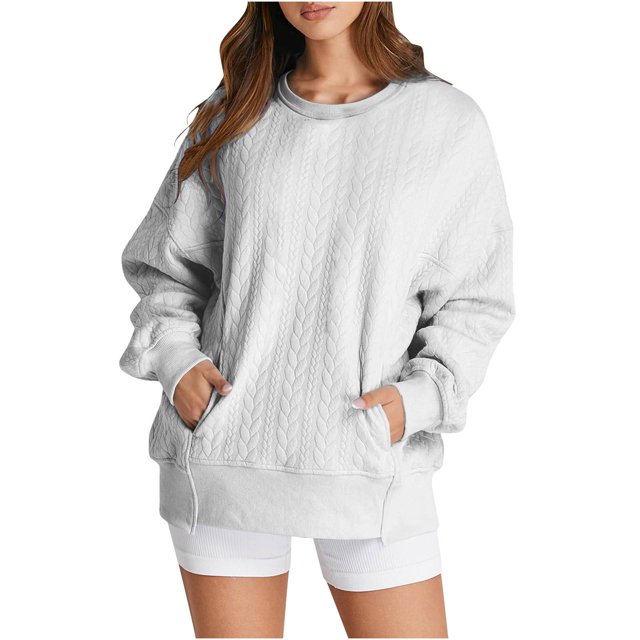 MeetoTime Women's Crewneck Sweatshirts Fall Long Sleeve Oversized Pullover Sweatshirts with Pockets