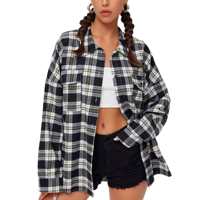 Women Plaid Flannel Shirt Jacket Button Down Lapel Long Sleeve Shirts Blouse Shacket Cardigan Coats Fall Spring Clothes
