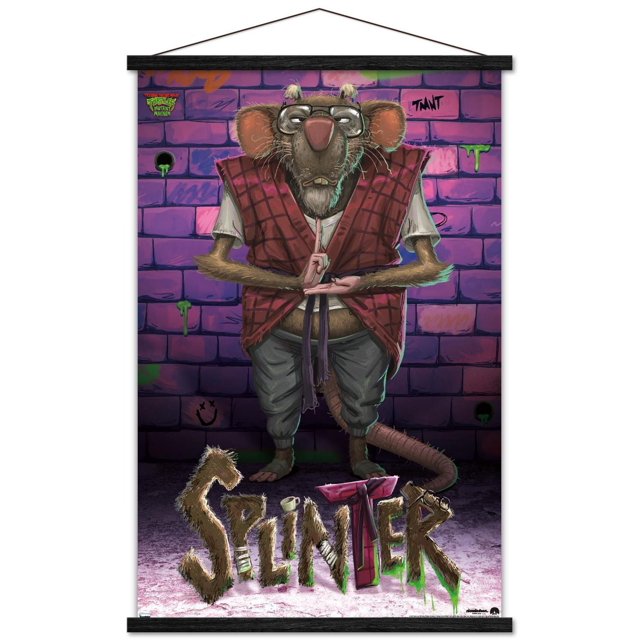 Chaos Mutant Les Tortues Ninja : - Affiche Murale Splinter, 22,375 Pouces x 34 Pouces Mettant en Vedette une illustration de Splinter, un rat Humanoïde Portant des Lunettes, un Gilet à Carreaux Rouges, une Chemise Blanche et un Pantalon Gris, Debout contre un Mur de Briques Violettes avec des Gouttes de slime Vertes et des Graffitis. le Mot à Texture Duveteuse « Splinter' Est au Bas avec une Petite Tasse et un Détail de Porte Rouge. Cette Affiche Brillante Convient pour Décorer des Chambres, des Bureaux Ou des Dortoirs