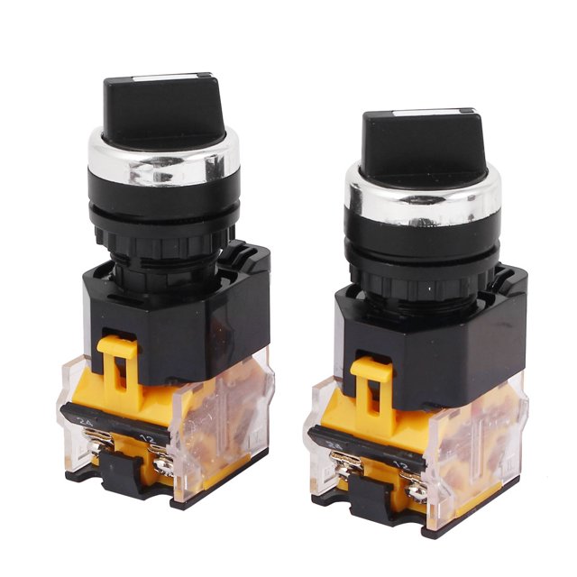 Unique Bargains LA38-203 AC 440V 10A 2 Position ON/OFF Rotary Selector Switch in orange and black, featuring a NO+NC contact type and latching operation. The package includes two switches with a clear base and adjustable fit panel thickness of up to 5mm. Designed for controlling electromagnetic starters, contactors, and relays in automatic control electric circuits. Each switch measures 78 x 40 x 30mm and has a terminal quantity of 4.