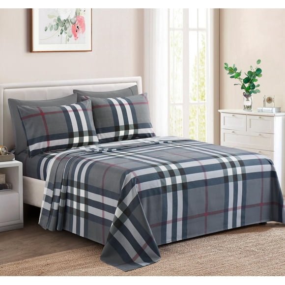Marina Decoration Ultra Soft Silky Deep Pocket Rich Printed Bedding Rayon from Bamboo All Season Sheet Set with Pillowcases, Modern Grey Tartan Pattern