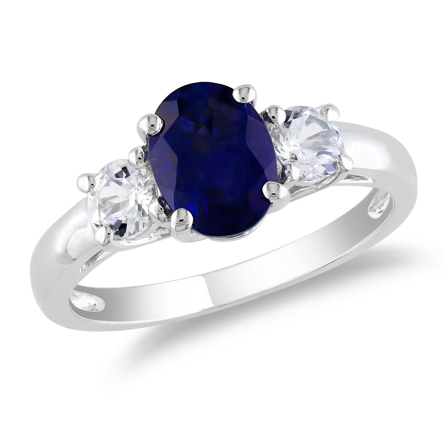 Bague de fiançailles Tangelo avec 2.63 carat de saphir bleu et blanc synthétique de coupe ovale et ronde en argent sterling