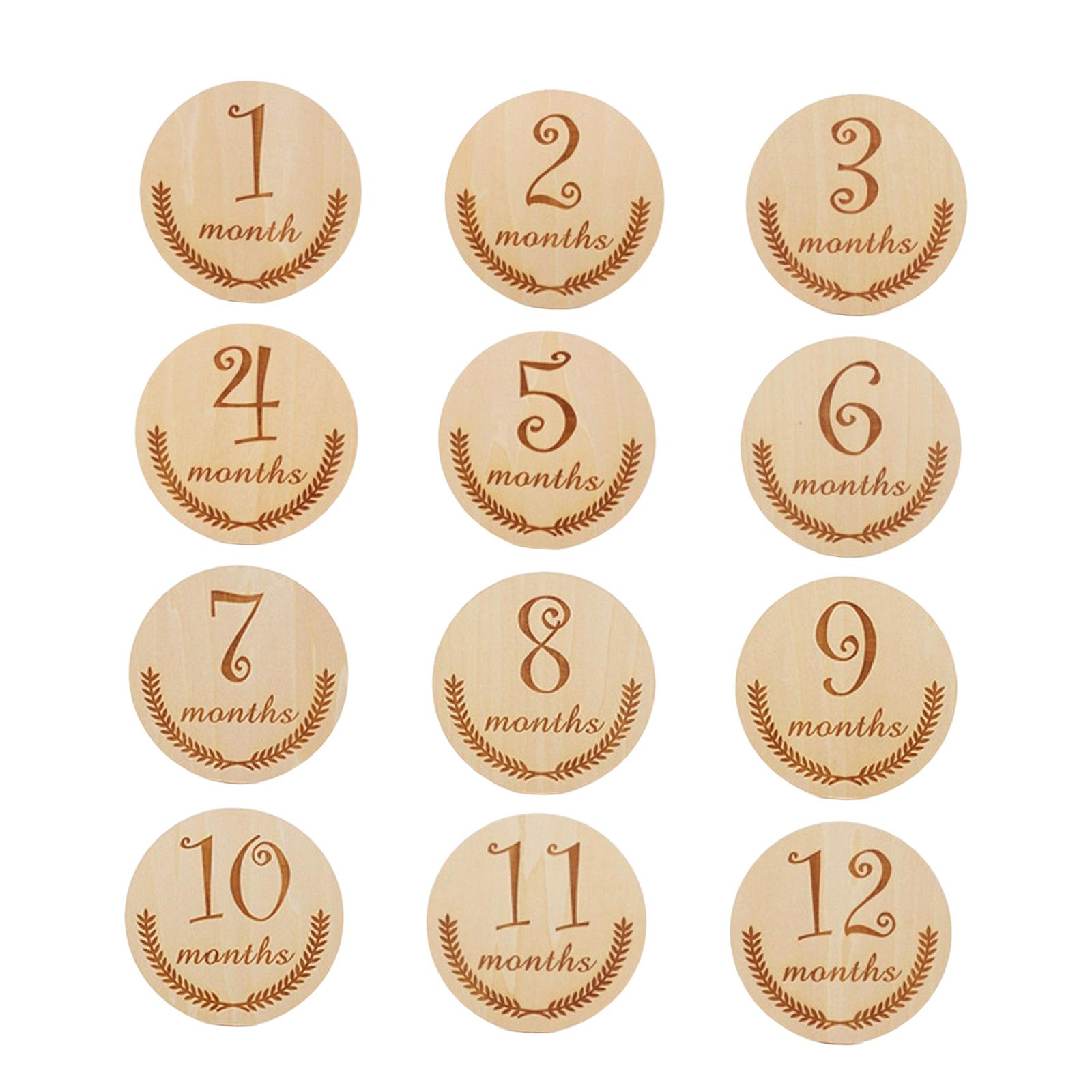 HILABEE 12 Pieces Baby Milestone Cards Wooden Monthly Cards Newborn Photo Props Engraved StyleC