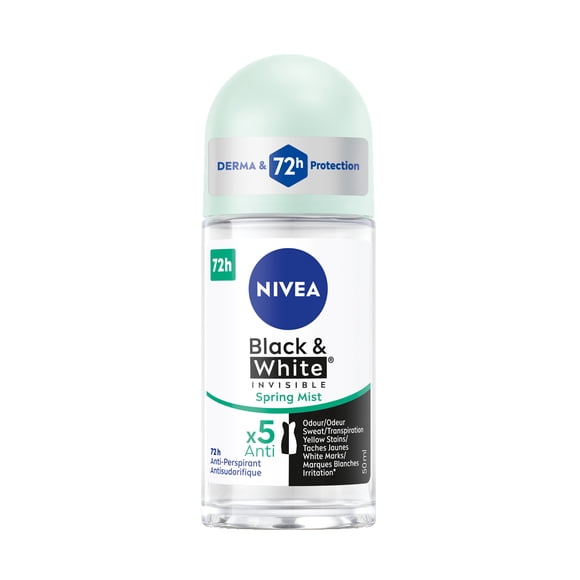 NIVEA Black & White Invisible Roll-On 72-Hr Antiperspirant Deodorant, Spring Mist, 50mL