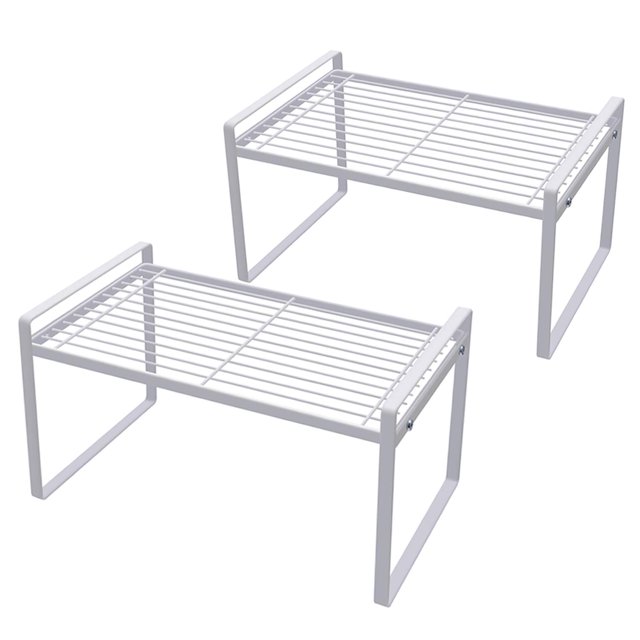 Shantton 2 Pack Kitchen Cabinet Shelf Counter Organizer Rack Pantry Storage Bathroom Bedroom Office Table Desk Space Saving Steel Frame Stackable Rust Resistant Non Slip White
