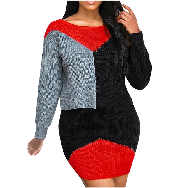 CEHVOM Automne et Hiver Femmes Décontracté Patchwork Manches Longues Col Rond Robe Chandail