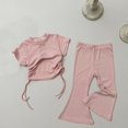 thumbnail image 2 of Zwiiyzr 2025 Toddler Girl Summer Outfits Solid Colour Drawstring Short Sleeve Flared Pants Two Set Cute Pants Size 2-8 Years Pink, 2 of 4