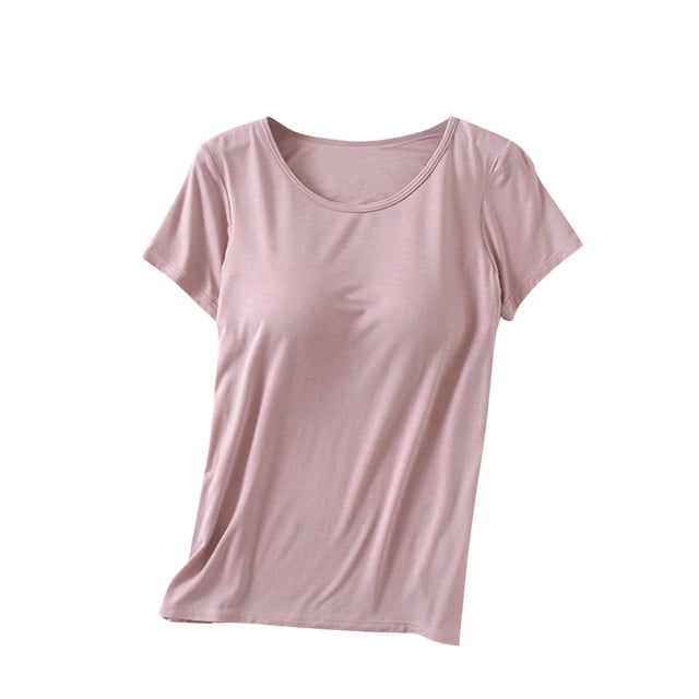 Timegard Hauts d'Été pour Femmes avec Soutien-Gorge Intégré Col Ras du Cou Manches Courtes Tenue de Détente Pyjama Doux Décontracté T-Shirt