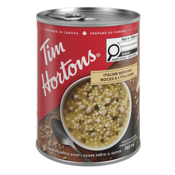 Tim Hortons Italian Wedding Soup, 540 ml Can, Tender Meatballs, Pasta & Spinach in Savoury Broth, Prepared in Canada