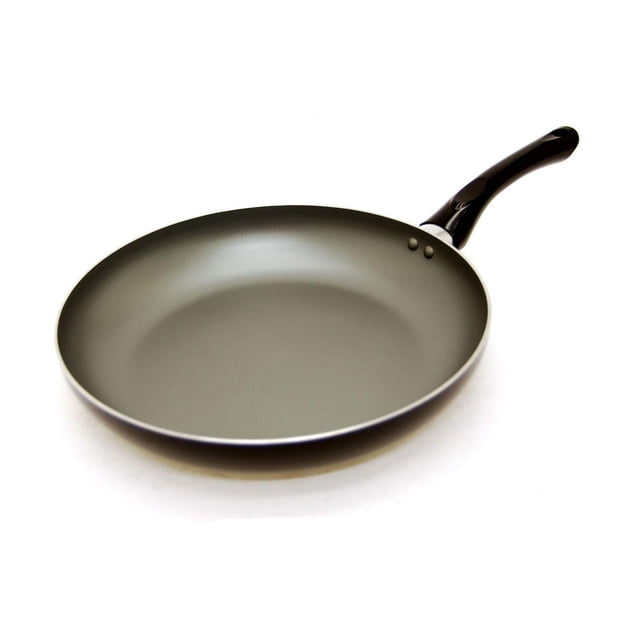 Starbasix 24 cm (9.5") fry pan with non-stick pressed aluminum surface and black handle, oven safe up to 350°F and dishwasher safe, designed for quick, even cooking and easy cleaning, shown angled on a white background.