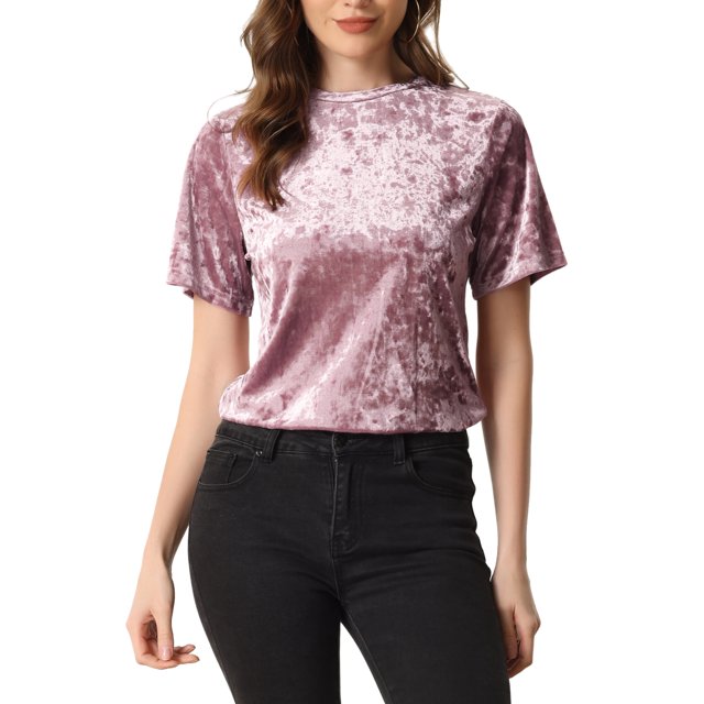 INSPIRE CHIC Haut en Velours Décontracté pour Femme à Col Rond et Manches Courtes TP Rose