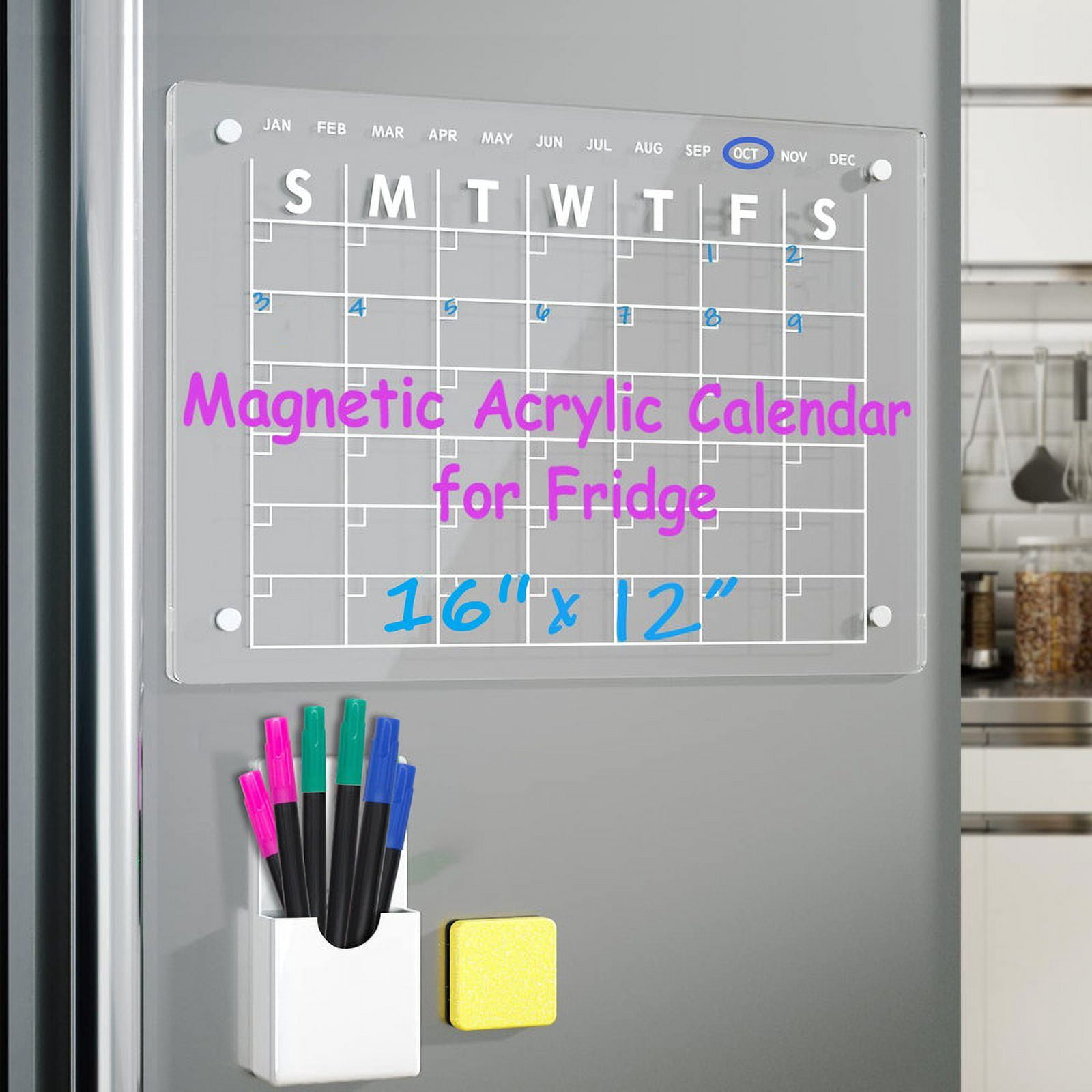 Champhox Magnetic Acrylic Calendar for Fridge 16"x12" Clear Dry Erase Calendar Board for Refrigerator with 6 Dry Erase Markers 1 Eraser 1 Pens Holder
