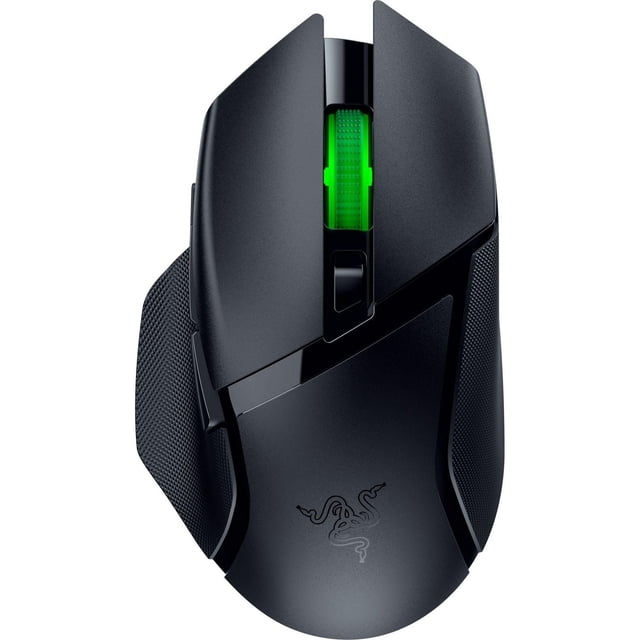 Razer Basilisk V3 X HyperSpeed wireless mouse in matte black with a green illuminated scroll wheel, nine programmable buttons, textured side grips, and the Razer logo on the palm rest, designed for dual-mode wireless connectivity and customizable Razer Chroma RGB, suitable for gaming and productivity.