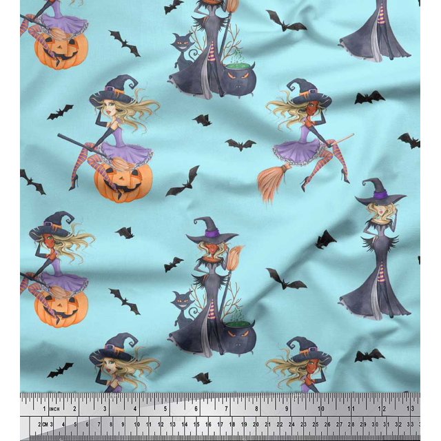 Soimoi Polyester Crepe Fabric Magic Potion,Bat & Witch Halloween Print Fabric by Yard 52 Inch Wide