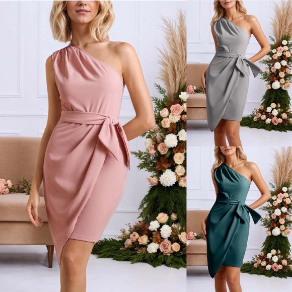 Mceream Women's One Shoulder Wrap Dress with Self-Tie Belt, Ruched Bodycon Mini Dress, Satin-Like Fabric for Wedding Guest, Cocktail, Party Pink S