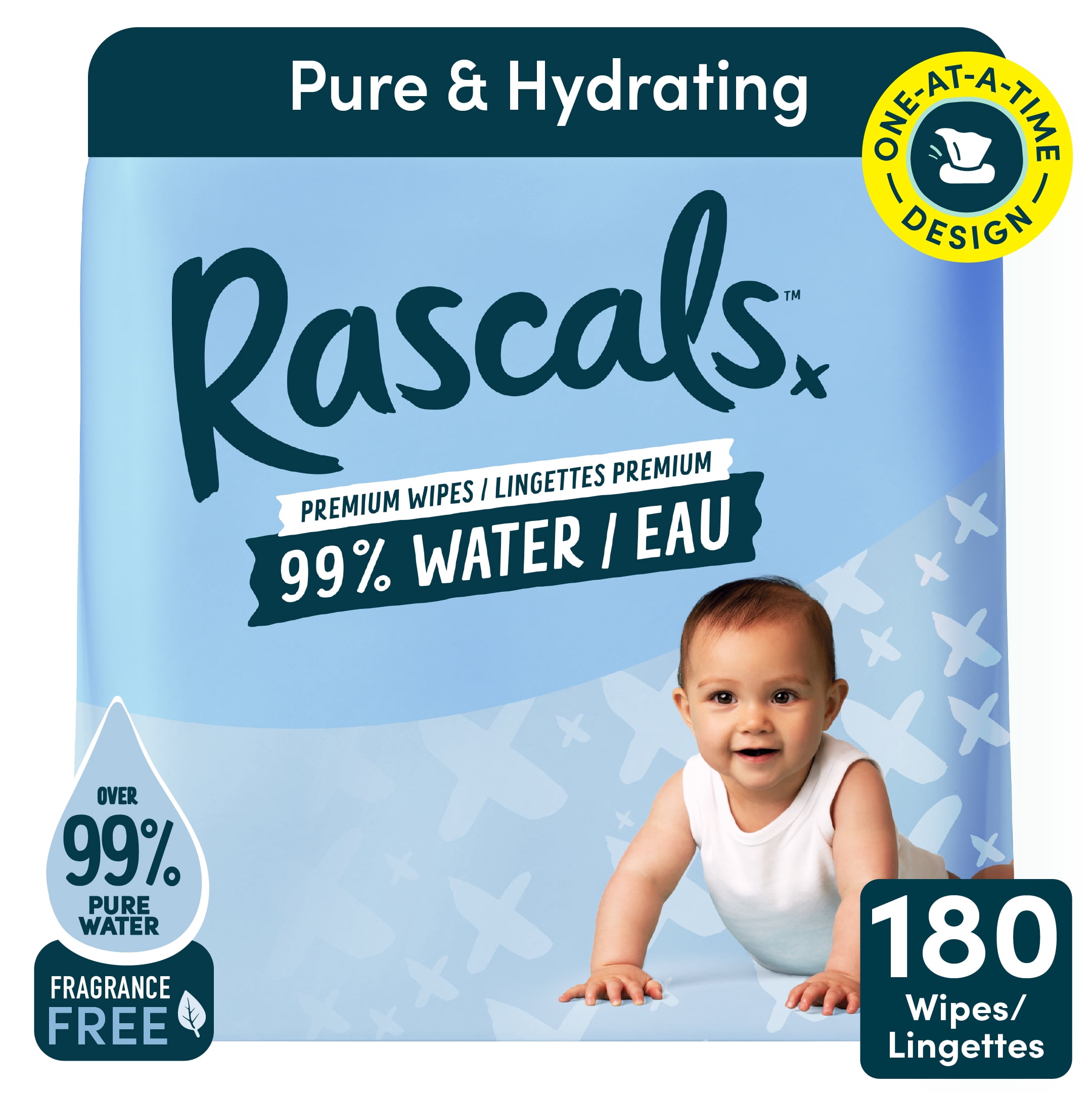 Lingettes pour bébé Rascals 99 % eau, 180 unités