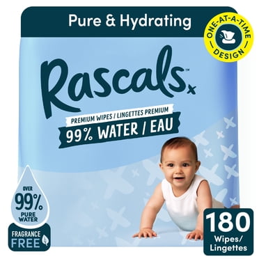 Rascals 99% Water Premium Baby Wipes, 180 Count, for Sensitive Skin