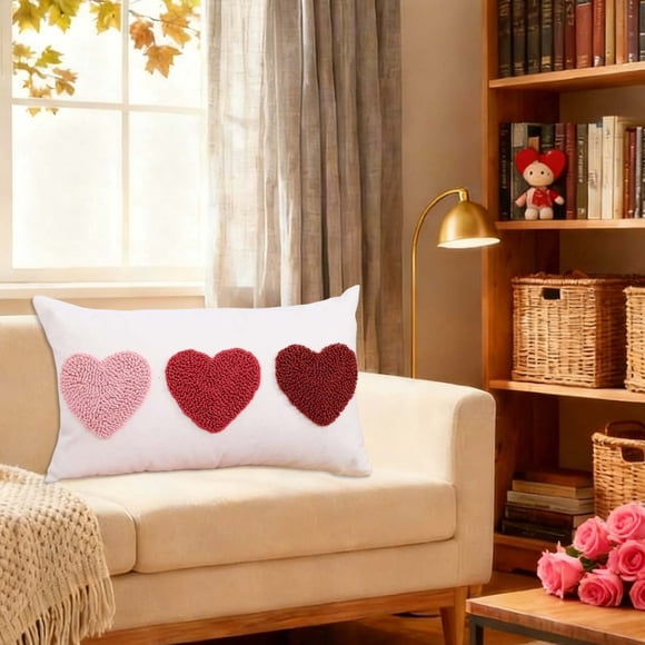 PEONAVET Coussin Décoratif Rouge et Blanc pour Couples, Broderie de Cœurs, Cadeau de la Saint-Valentin, Taies d'Oreiller en Flanelle pour Déco Romantique, Cadeau d'Anniversaire pour Couples 17x17 Po/12x20 Po