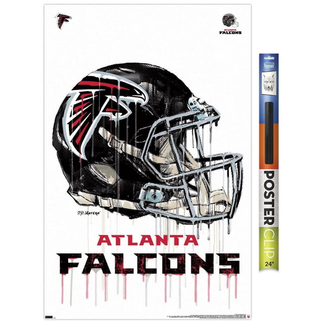 NFL Atlanta Falcons - Affiche Murale de Casque Anti-Goutte 20, 22,375 Pouces x 34 Pouces, Montrant un Casque de football Noir Orienté vers l'Avant avec le logo des Atlanta Falcons en Rouge, Blanc et Noir. le Casque a un Effet de Peinture Anti-Goutte et un Masque Facial Détaillé sur un Fond Blanc avec Texte Audacieux « Atlanta Falcons » Rouge et Noir Ci-Dessous. Idéal pour la Déco Murale de la Maison Ou du Bureau