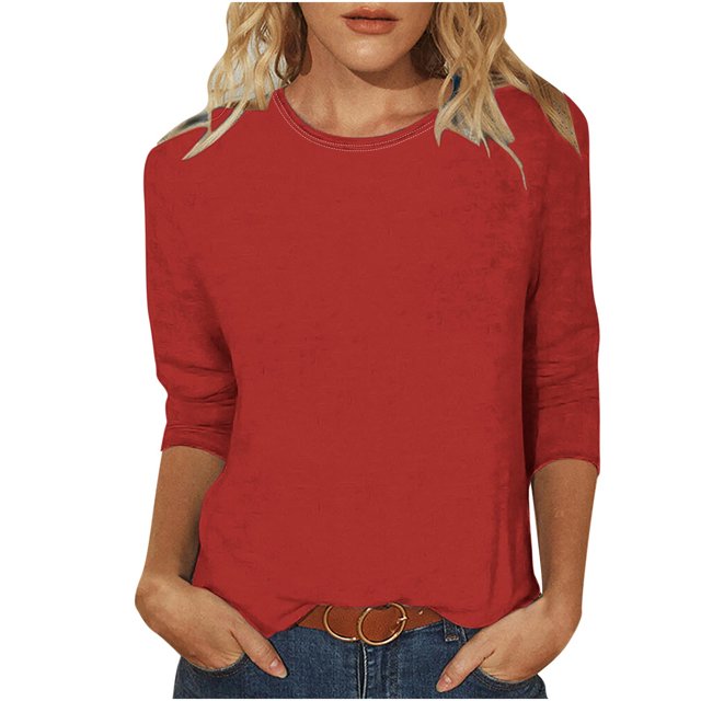 Birdeem Womens Casual Solid Color Round Neck Three Quarter Sleeve Tops Blouse