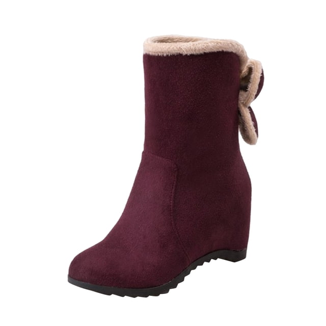 HBFAGFB Ankle Boots Womens Fashion Ladies Bow Short Boots Plus Velvet Wedge Heel Booties Wine Size 40