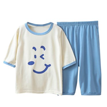 Ensemble de Pyjama Garçon à Manches 3/4 en Coton Ultra Doux 2 Pcs Tenue de Nuit Col Ras du Cou Pantalon Automne Été Pjs Bleu, 5 Ans