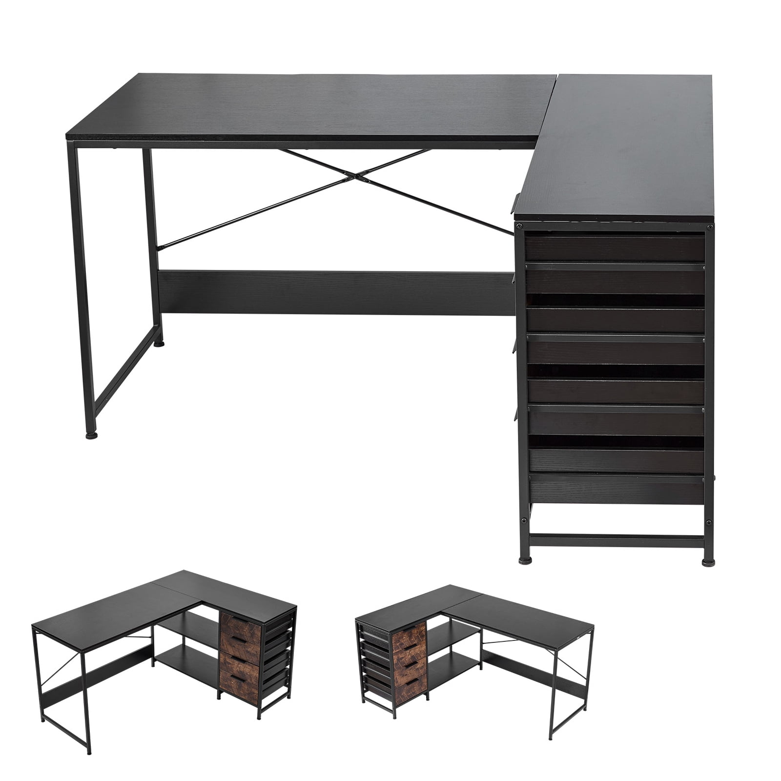 KFFKFF L-Shaped Computer Desk, 59-inch Reversible Corner Gaming Desk with Drawers & Storage Shelves, Modern Stylish PC Table Sturdy Work Workstation
