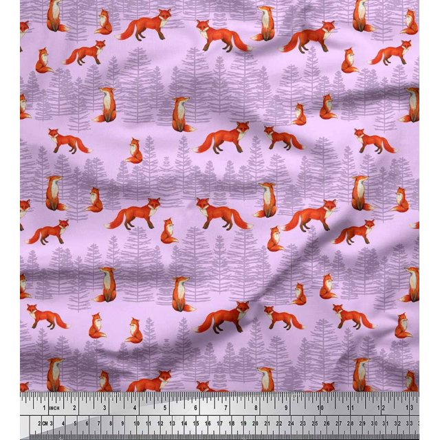 Soimoi Purple Heavy Canvas Fabric Cedar Tree & Fox Animal Decor Fabric Printed Yard 58 Inch Wide