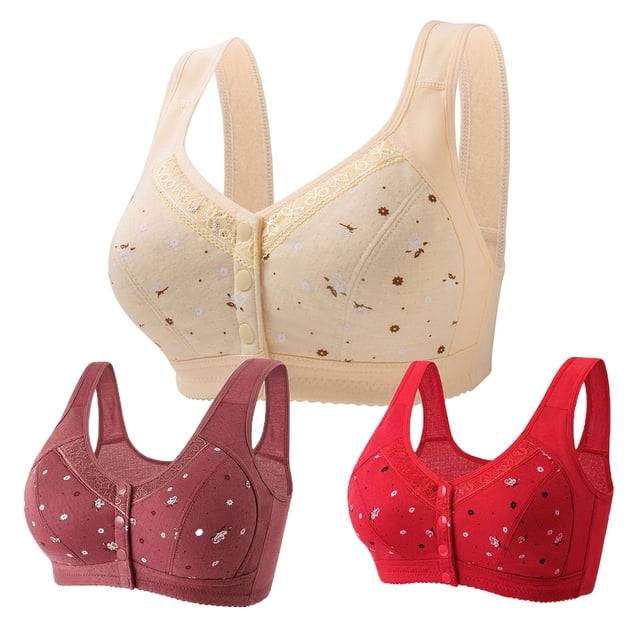 Lenpel Women's Plus Size Front Closure Bras 3 Pc No Underwire Printed Full Coverage Bralettes Comfortable Everyday Bras(Red,Medium)