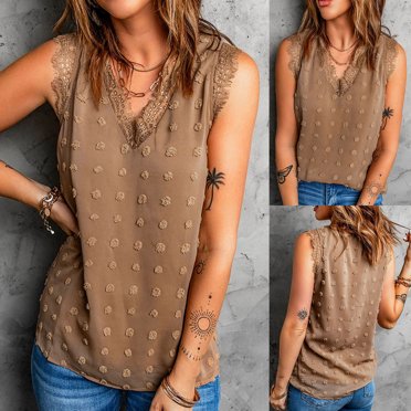 TIHLMK Women Tops Women Ladies Solid Sleeveless V-neck Pullover Lace Vest Tank Tops Shirts Blouse