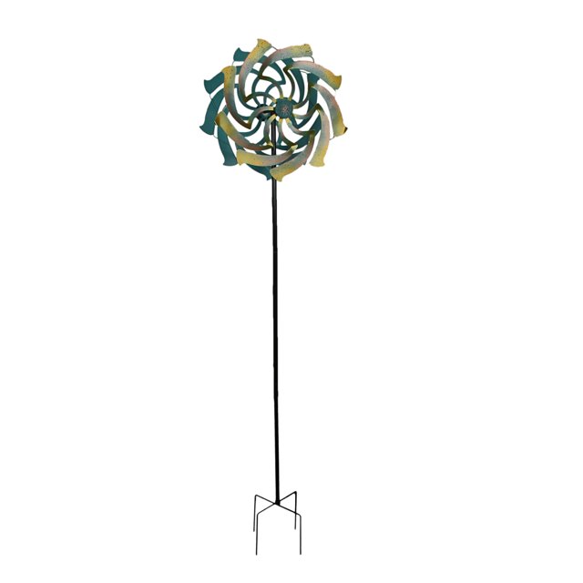 Colorful Teal and Yellow Finish Dual Flower Metal Wind Spinner Garden Stake 70 Inches High
