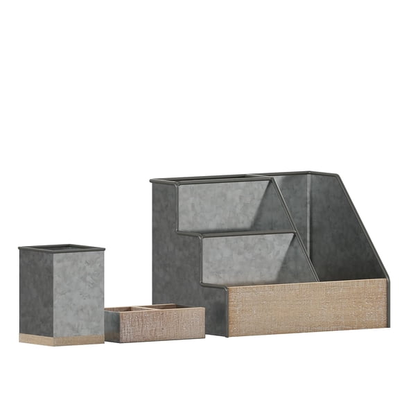 Flash Furniture Comerford 3 Piece Metal and Wood Organizer Set - Galvanized Metal and Rustic Wood - For Desktop Countertop or Vanity